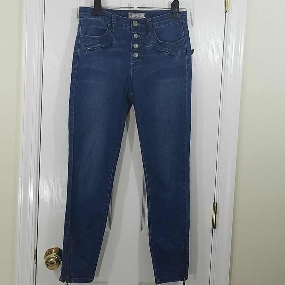 Free People Women's High Rise Button Fly Skinny Blue Jeans Size 27